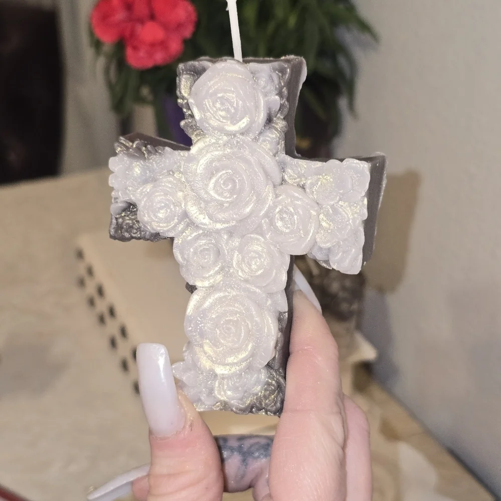 Handmade Beeswax Candle Set – Virgin Mary, Cross & Rose Boquet (Shimmer Finish)